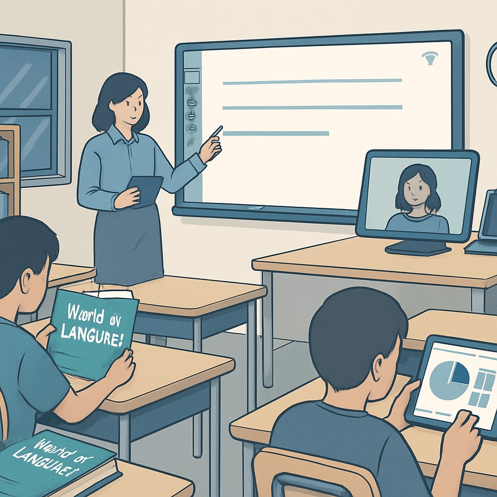 A modern classroom integrating traditional textbooks like Modern classroom combining