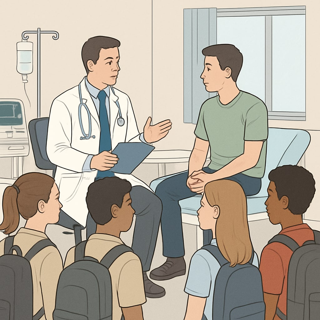 A group of high school students observing a doctor during a medical consultation in a hospital setting. High school students participating in a doctor shadowing program in a hospital.