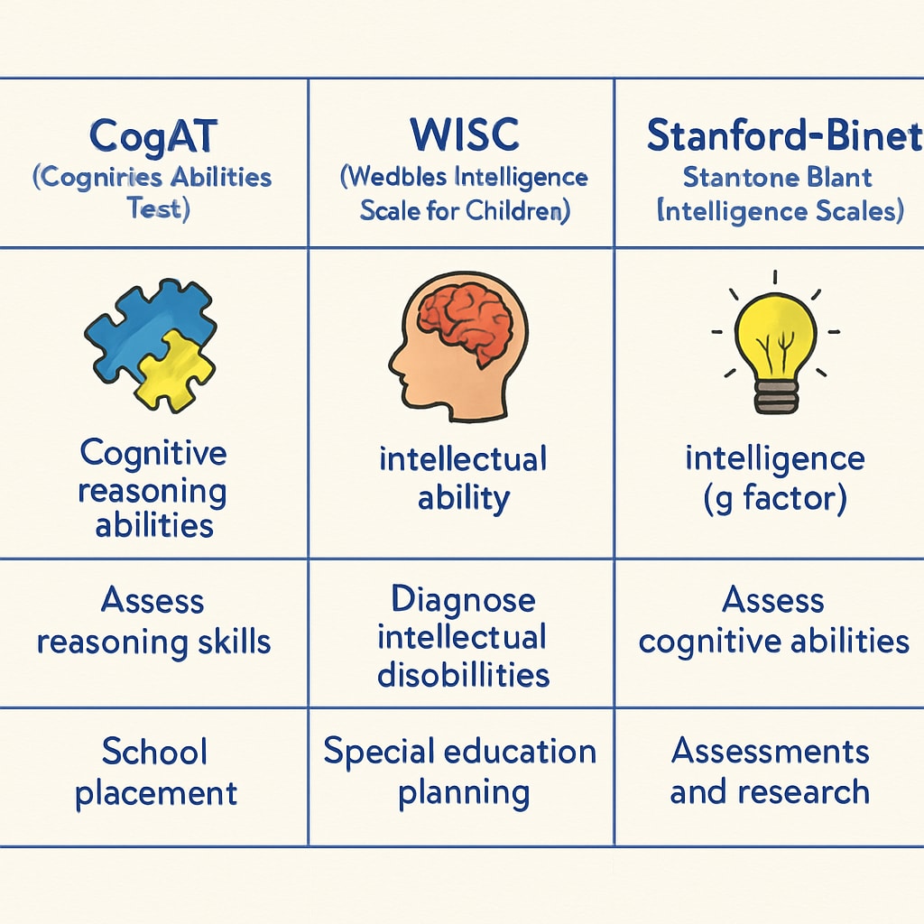 A table comparing features of CogAT, WISC, and Stanford-Binet, highlighting their core attributes and uses. Comparison table of CogAT, WISC, and Stanford-Binet intelligence tests.