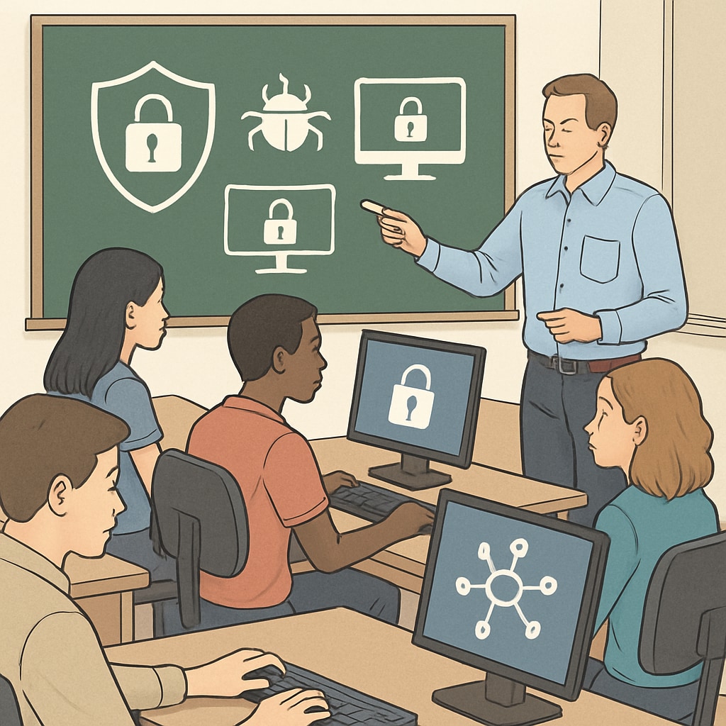 A classroom setting with students learning cybersecurity concepts using computers. The image highlights practical learning environments, which are essential for cybersecurity education. Cybersecurity classroom setting with students learning concepts using computers