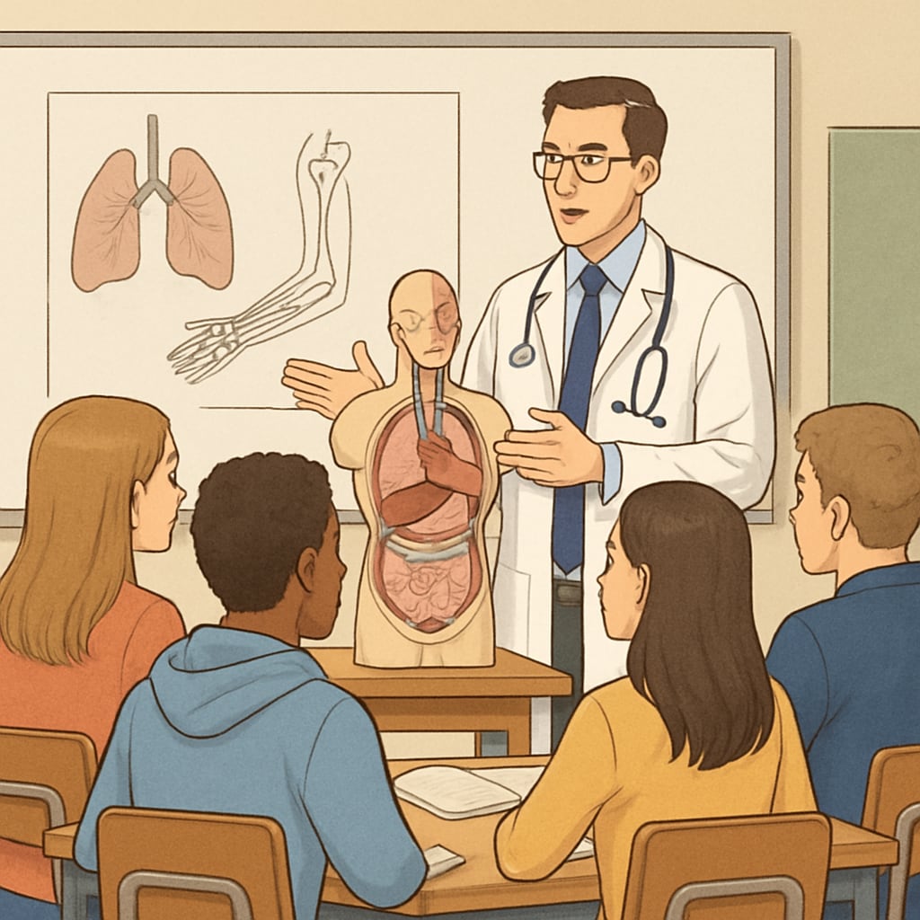 A group of high school students listening to a doctor explain medical procedures in a classroom setting. Students engaging with a doctor during a medical career exploration session.