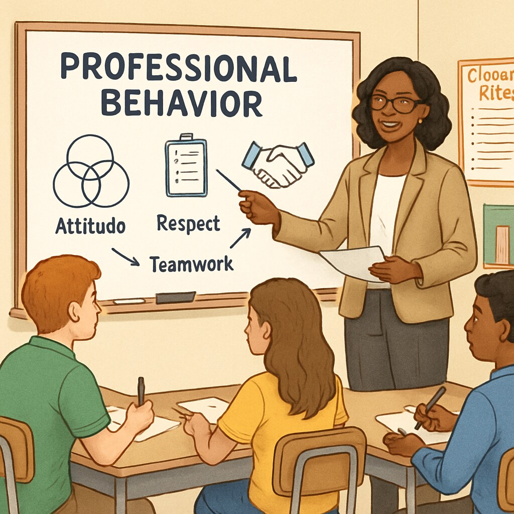 A teacher conducting a workshop for students on professional behavior before they participate in a doctor shadowing program. Teacher preparing students for a doctor shadowing program with a workshop.
