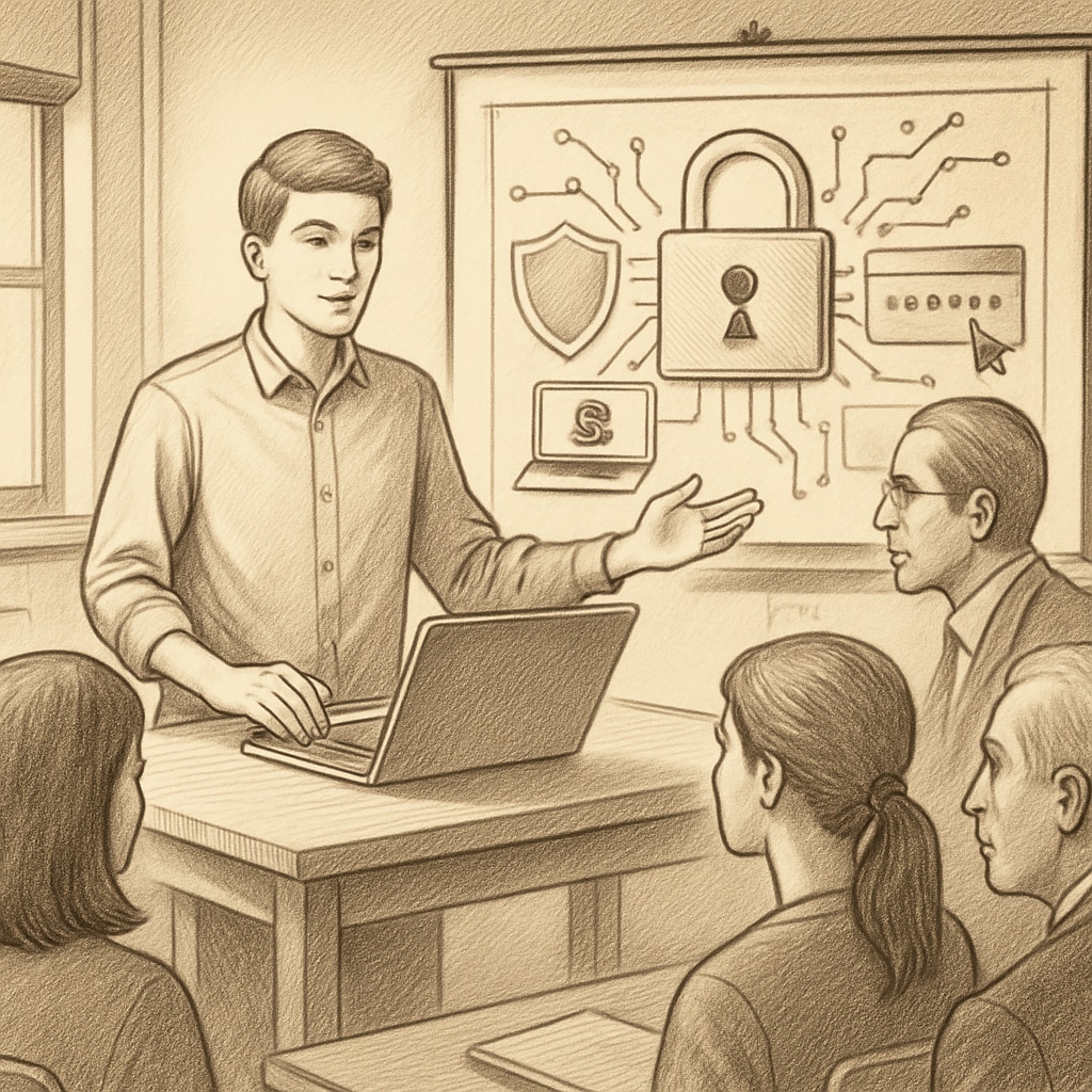 A student presenting a cybersecurity project during a university workshop. The image emphasizes hands-on training and real-world application in education. Student presenting cybersecurity project during university workshop