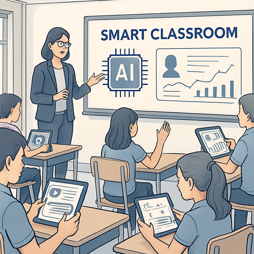 A smart classroom with students using AI-powered learning tools, showcasing personalized education technology. AI-powered learning tools in a smart classroom for personalized education.