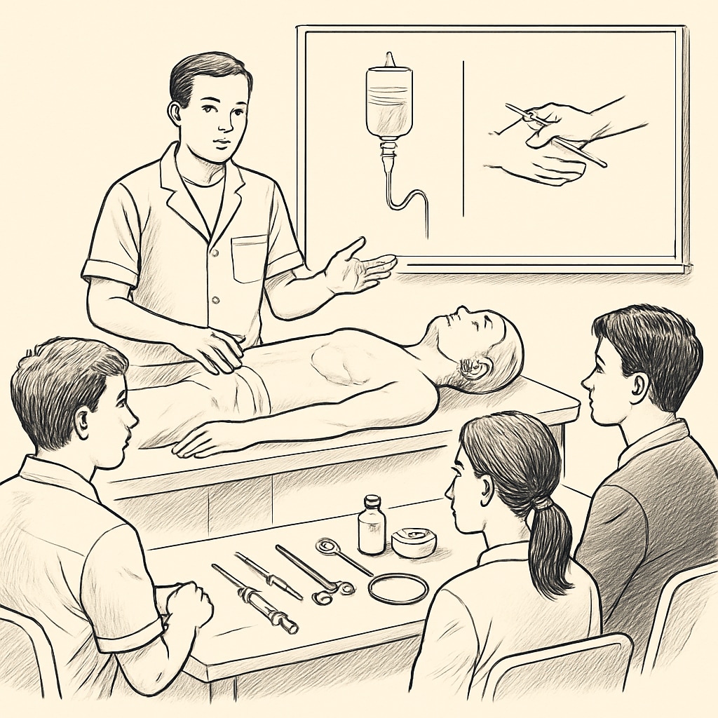 A healthcare professional demonstrating basic medical techniques to students during a workshop. Doctor teaching students practical medical techniques during a career workshop.