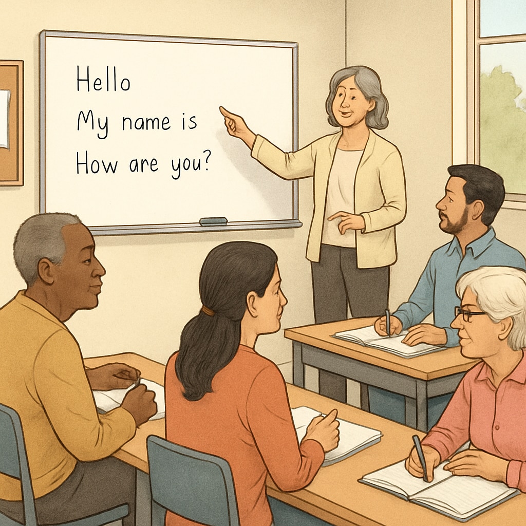 A group of adult learners attending an English language class in a community center. Adult learners in an English class discussing cultural adaptation and foundational knowledge.