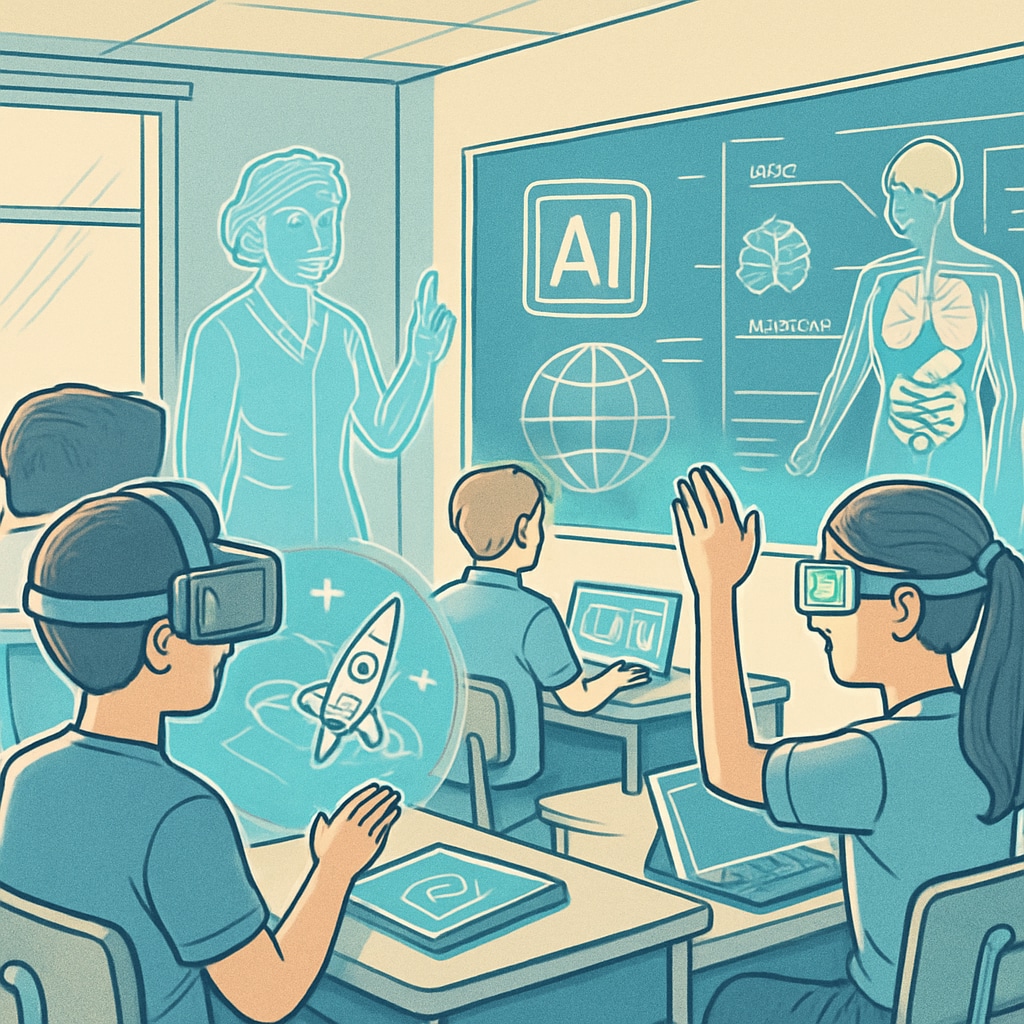 A futuristic classroom using AI, AR, and VR technologies, highlighting immersive education. AI, AR, and VR technologies in a futuristic classroom for immersive learning by 2030.