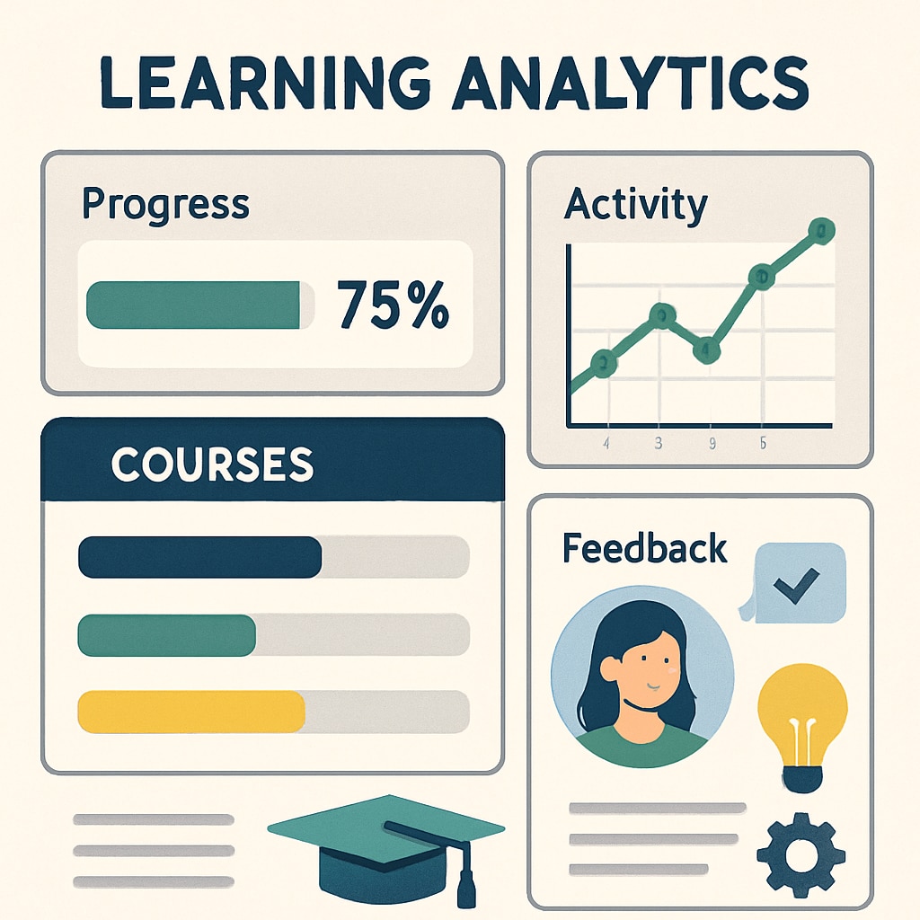 A digital dashboard displaying real-time learning analytics, highlighting progress tracking and personalized feedback in modern education. Real-time analytics dashboard used for tracking student learning progress.