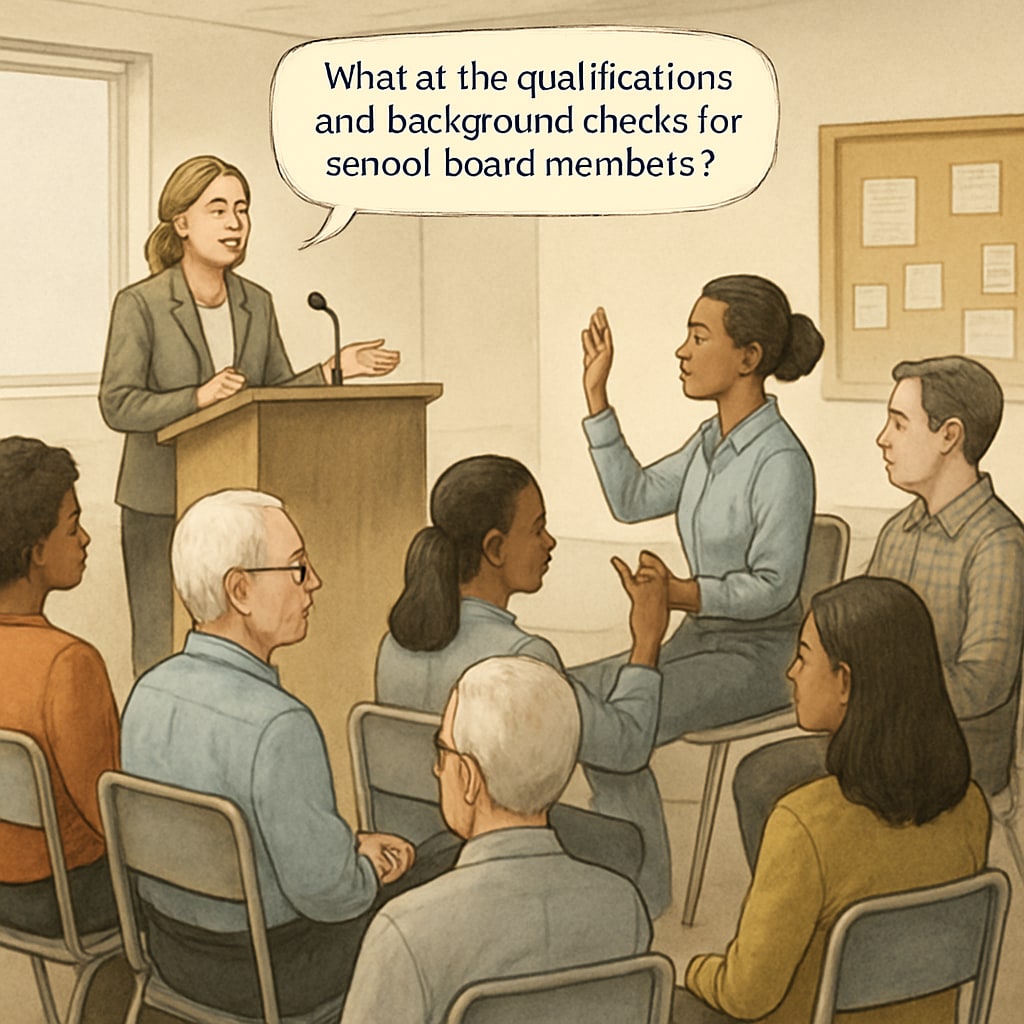 A community town hall meeting where residents discuss the qualifications and background checks of school board members. Community discussing school board qualifications and child safety at a town hall meeting.