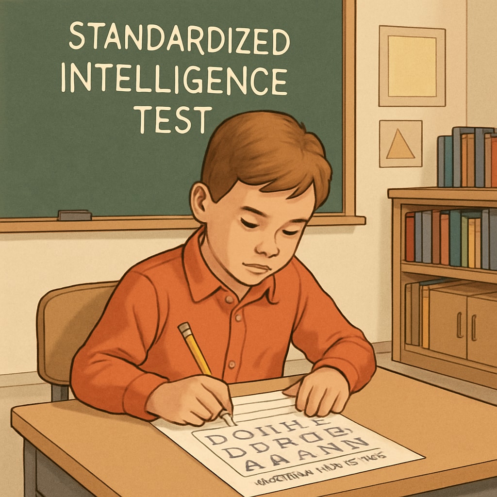 An illustration of a child undergoing a standardized intelligence test in an educational setting. Child taking an intelligence test as part of a gifted children evaluation method.