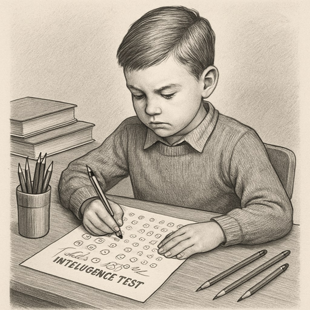 A child taking a standardized intelligence test with a focused expression, representing giftedness assessment Gifted child taking an intelligence test assessment