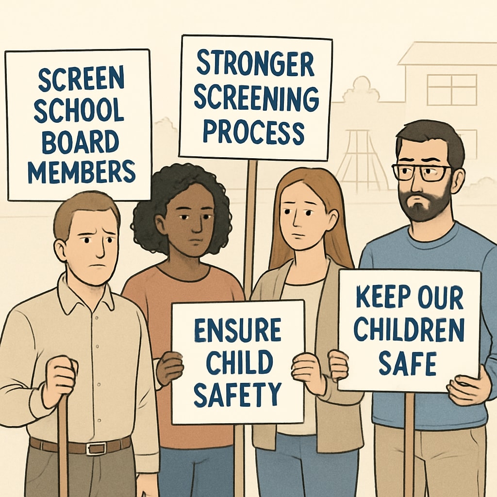 A group of parents holding protest signs advocating for stricter school board screening processes to ensure child safety. Parents protesting for stricter screening of school board members with a focus on child safety.