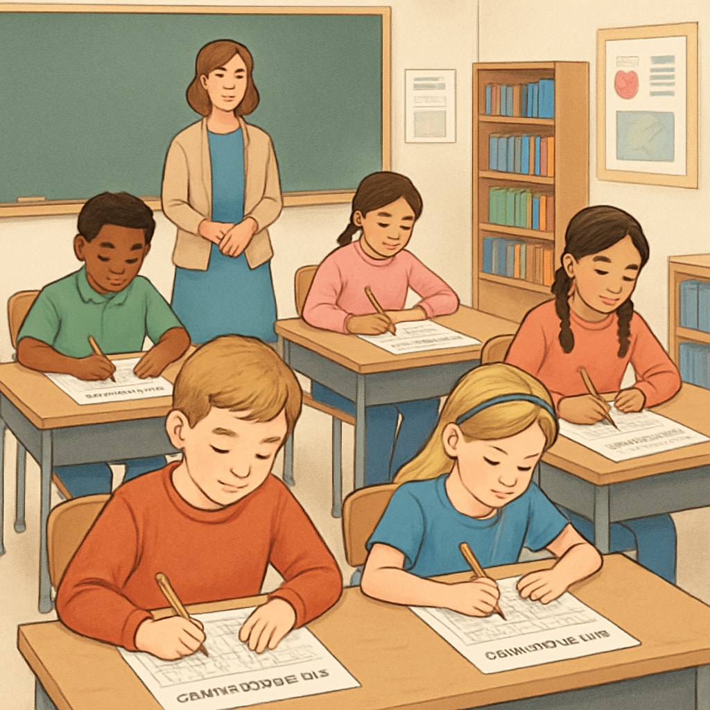 A group of children taking a Cognitive Abilities Test in a classroom setting. Students participating in a group-based intelligence test like CogAT.