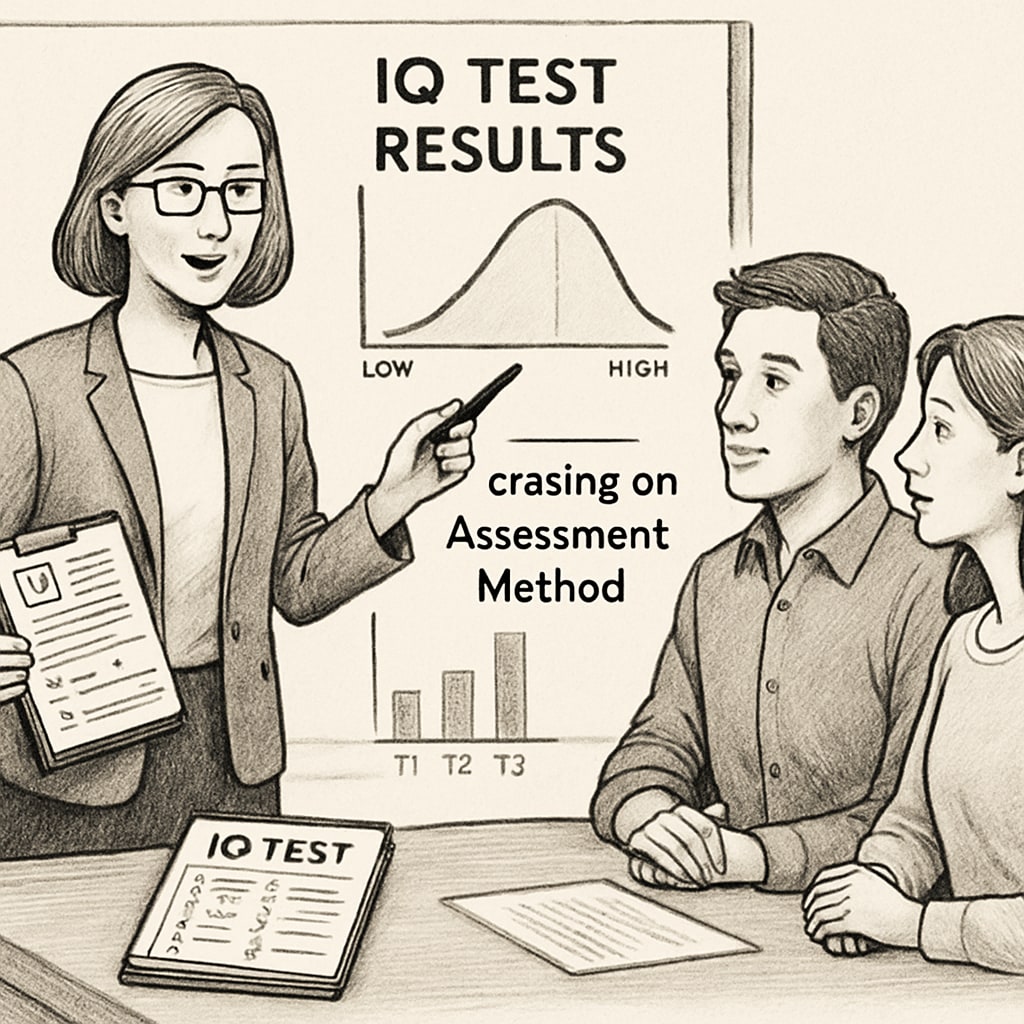 An educator explaining results of an IQ test to parents, showcasing the importance of choosing the right assessment method Educator discussing IQ test results for gifted children