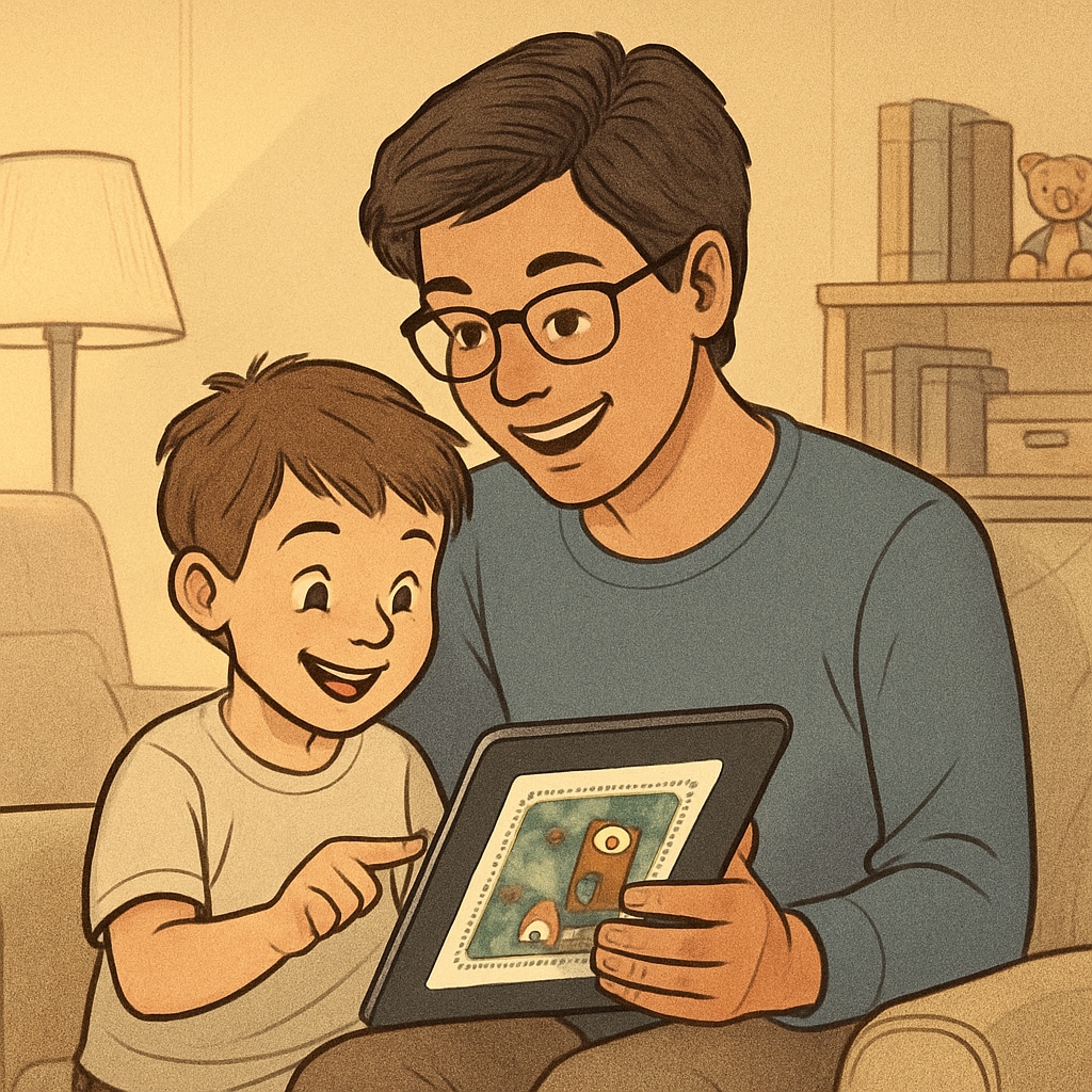 A young parent and child exploring a storybook app together on a tablet in a cozy living room setting. Parent and child using a children's storybook app.