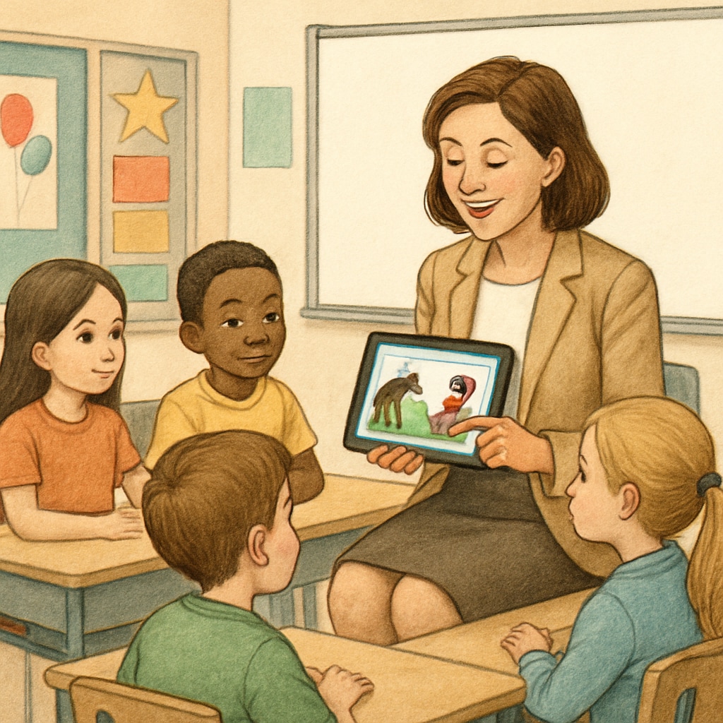 A teacher using a tablet to demonstrate a storybook app to a group of elementary school students in a classroom. Teacher showcasing a storybook app to students.