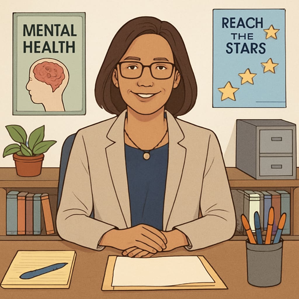 A professional-looking school counselor sitting in an office, surrounded by educational materials. A school counselor in an office setting, relevant to K-12 education.