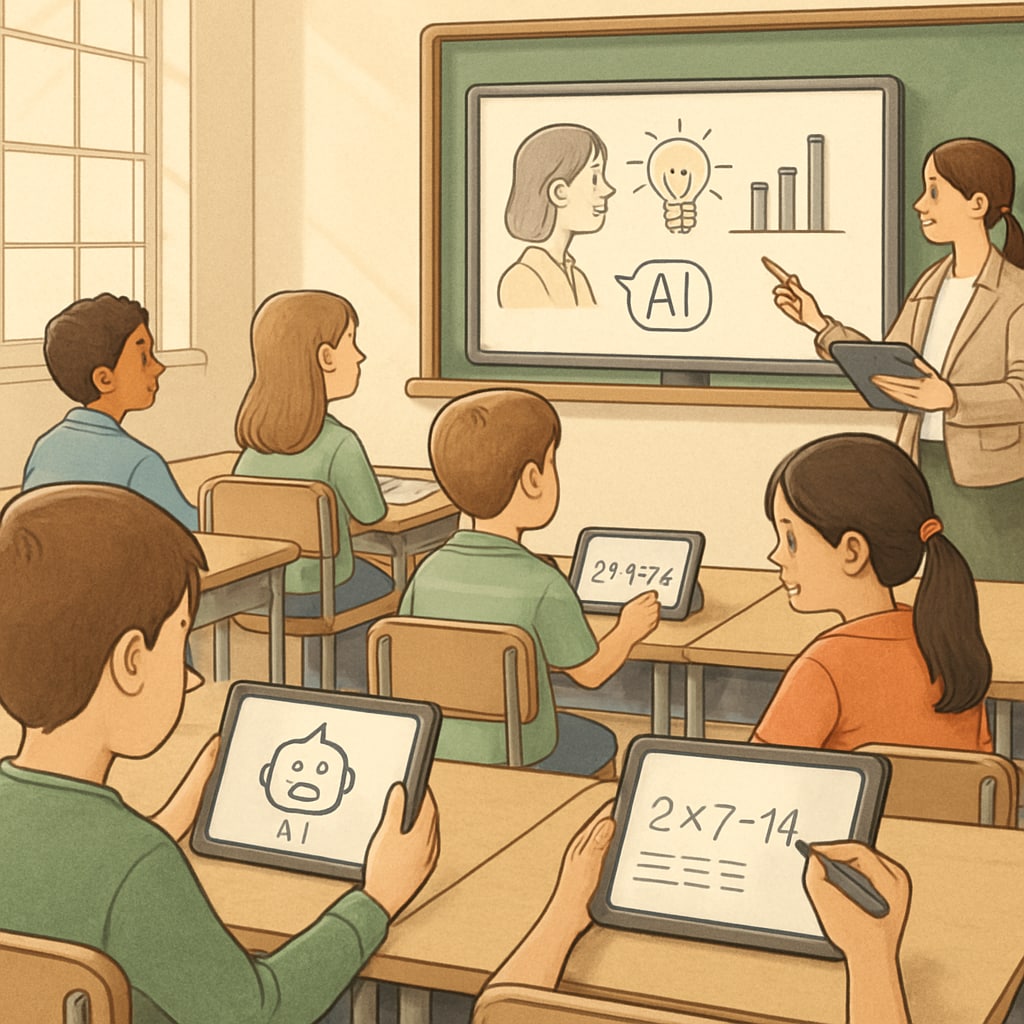 A classroom equipped with AI-driven learning tools, showcasing students interacting with tablets and smart boards. Students using AI learning tools in a classroom, representing education technology advancements.