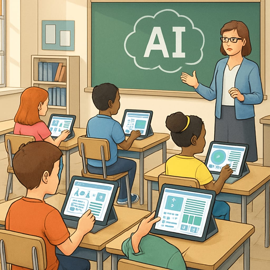 A classroom with students using tablets equipped with AI-powered learning platforms, showcasing personalized learning in action. Students in a classroom using AI-driven learning platforms for personalized education