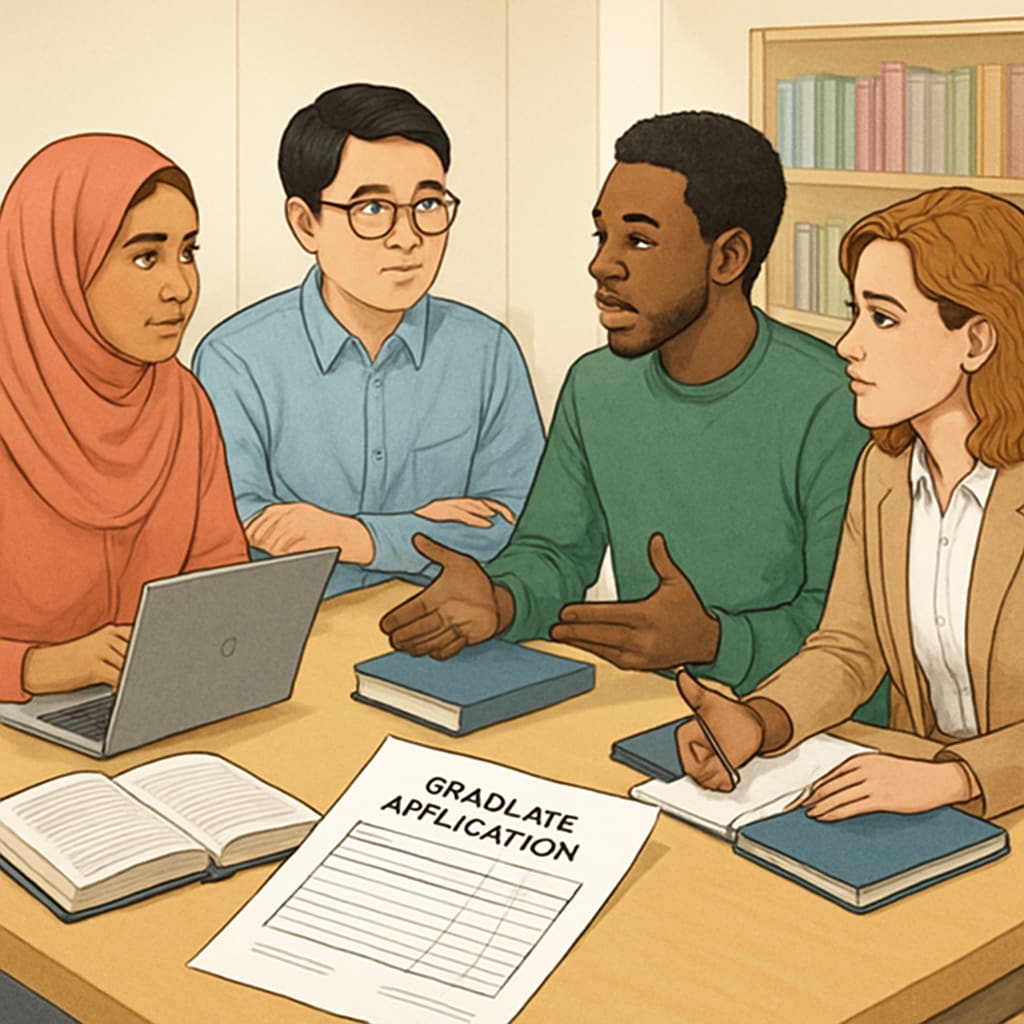 A diverse group of international students discussing graduate applications in the United States. International students discussing U.S. Master's applications.