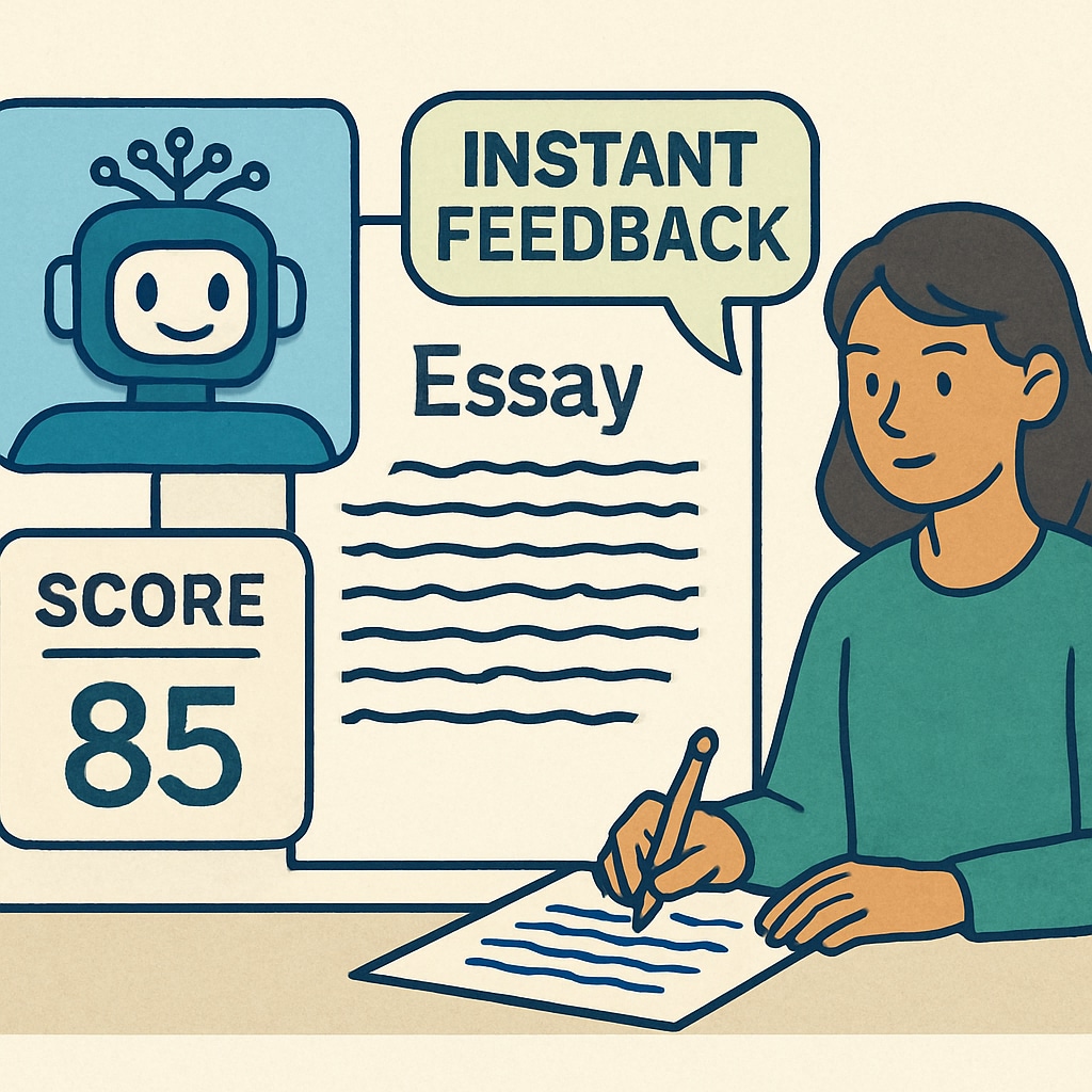 An AI-powered assessment tool displaying instant feedback on a student's essay, illustrating innovative evaluation methods. AI-powered assessment tool providing instant feedback to a student