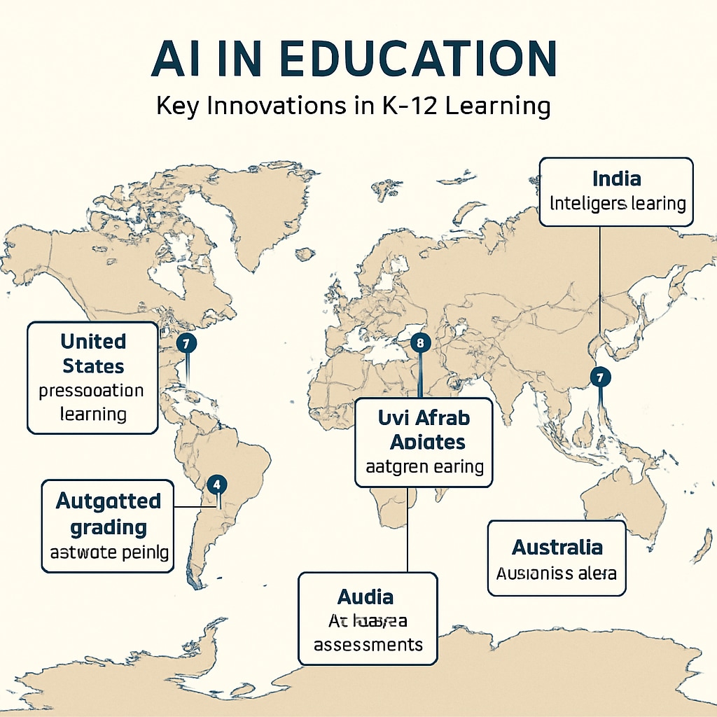 A global map illustrating regions adopting AI in education, with markers indicating key innovations in K12 learning. A map showing global adoption of AI in education, highlighting K12 advancements.