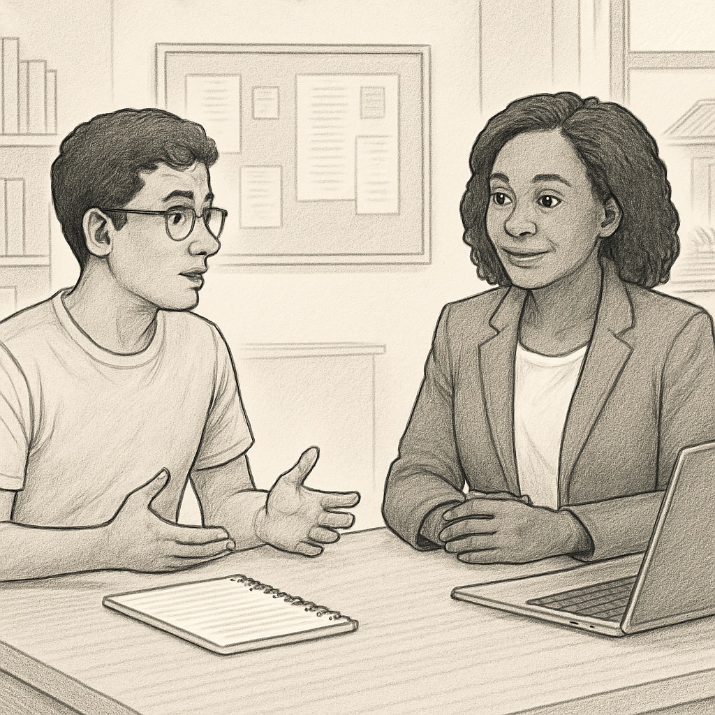 A graduate student and a school counselor engaged in a discussion, with a notepad and laptop visible. A graduate student interviewing a school counselor for research purposes.