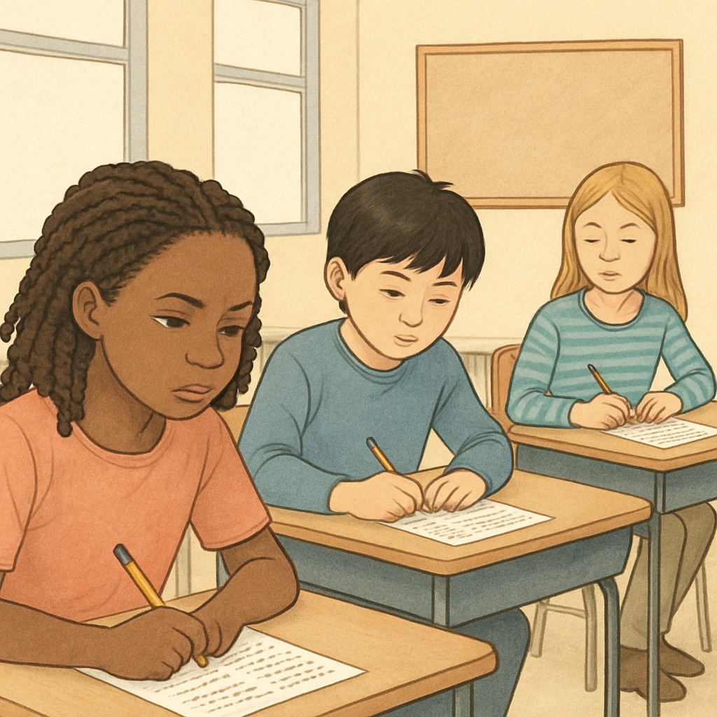 A classroom scene with diverse students taking a standardized test, illustrating the limitations of such assessments in recognizing unique talents. Students taking a standardized test, highlighting the flaws in gifted education systems.