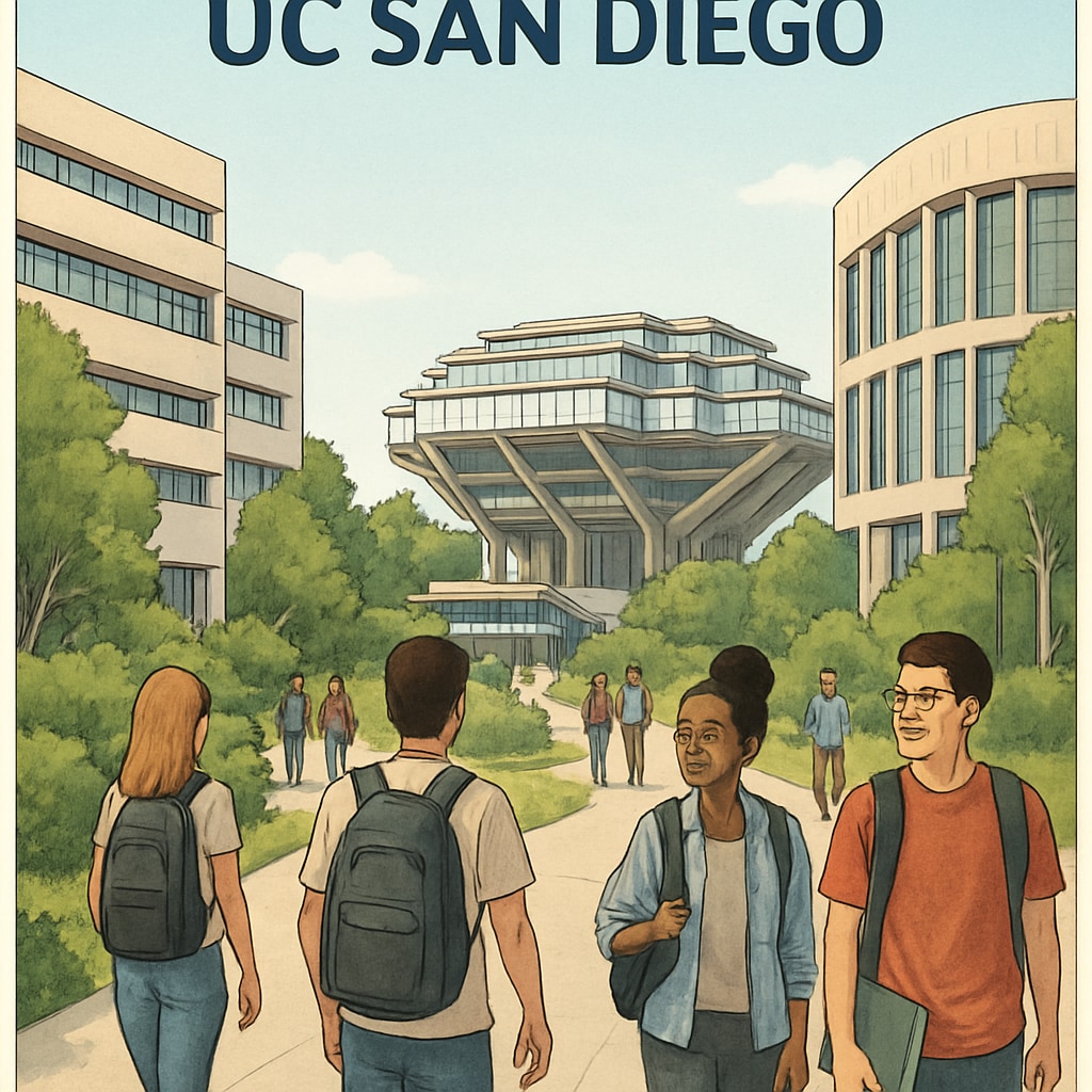 A vibrant campus view of UC San Diego, showing students walking and modern buildings. UC San Diego campus view highlighting students and modern facilities.
