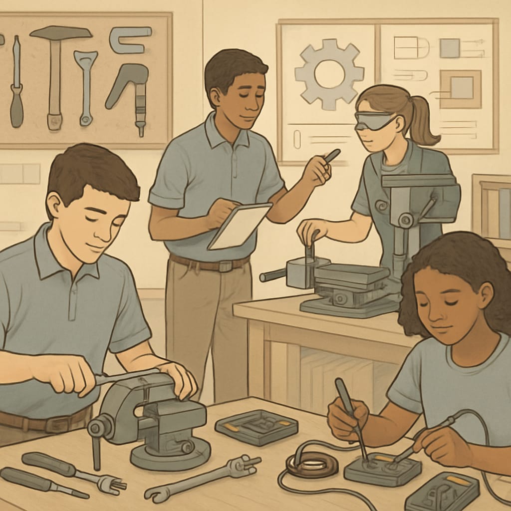 A classroom with students engaging in hands-on technical training, representing career and technical education. Students participating in a career and technical education workshop.