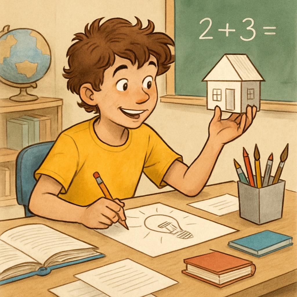 A young student working on a creative project in a classroom, highlighting the unique strengths of ADHD learners that are often missed by traditional metrics. ADHD student excelling in a creative classroom environment.
