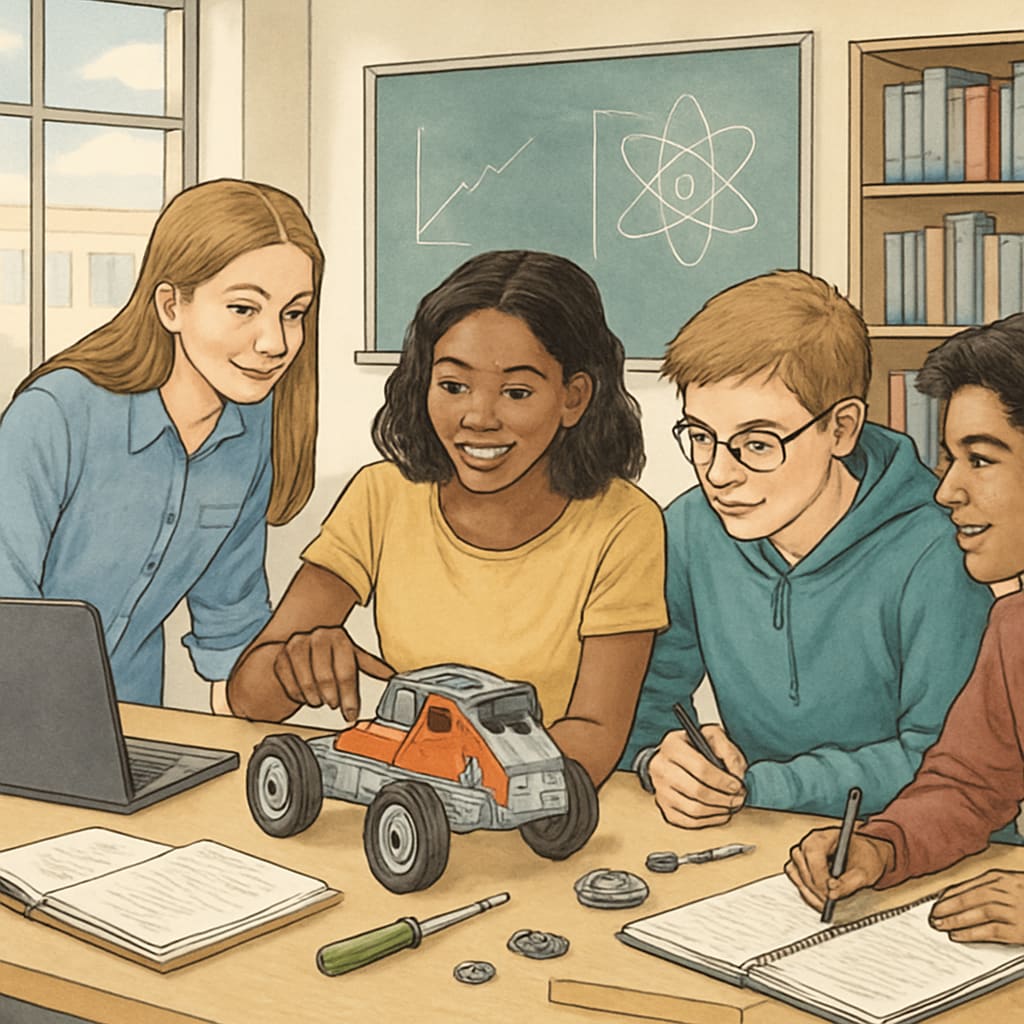 A group of high school students collaborating on a STEM project in a modern classroom. High school students working on a STEM project, symbolizing education opportunities.