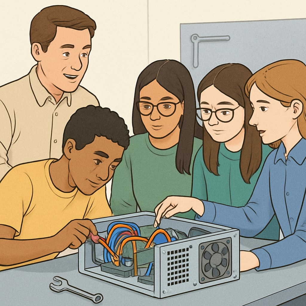 A high school career academy program in action, showing students collaborating on a technical project alongside their teacher. High school students working on a technical project in a career academy program.
