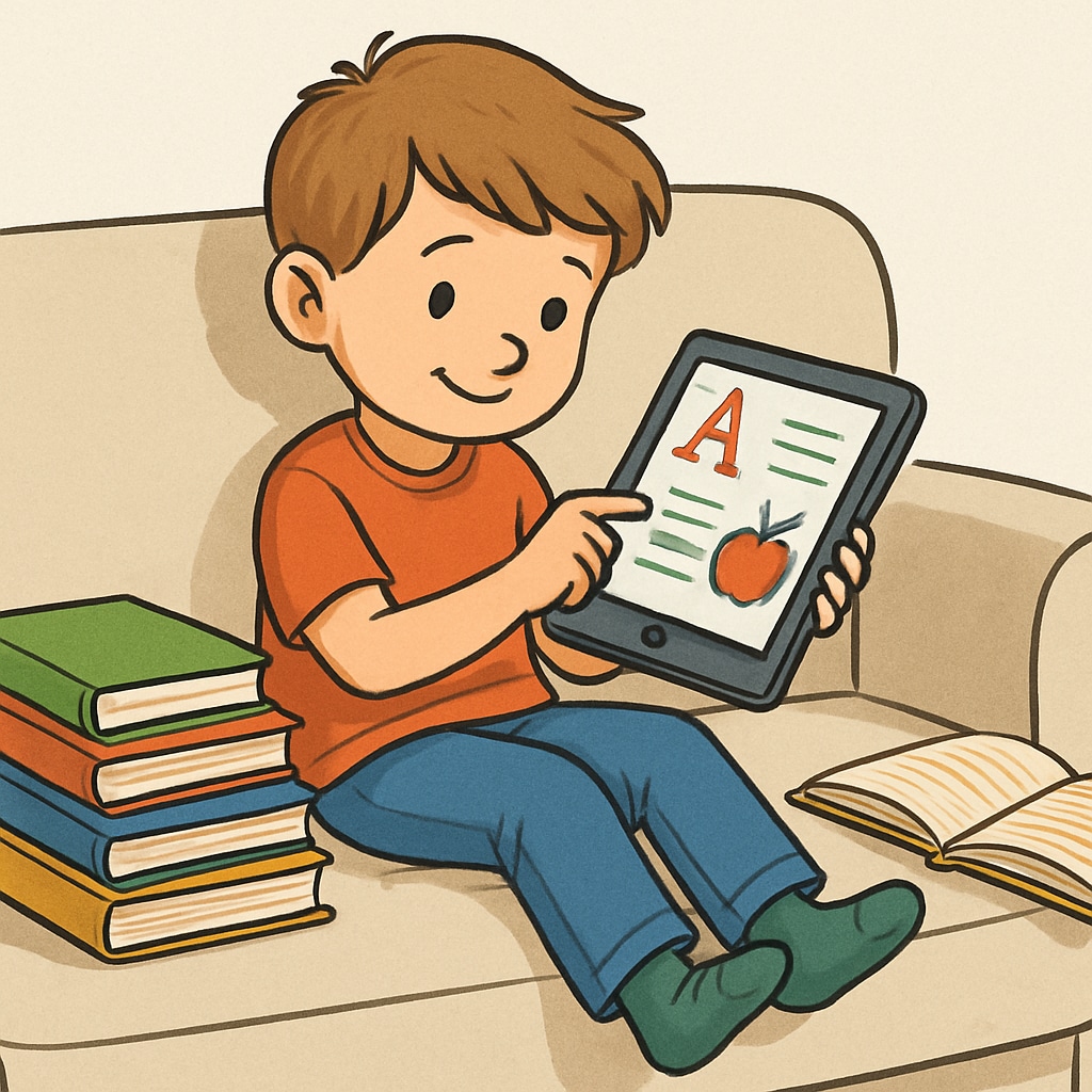 A child sitting on a couch using a tablet, surrounded by colorful books and engaging with a digital reading app. Child using a digital reading app for Android.