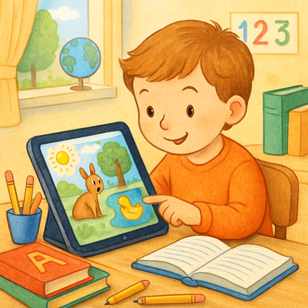 A child using a tablet to read a colorful, interactive storybook. Child reading an interactive children’s book on an Android app.