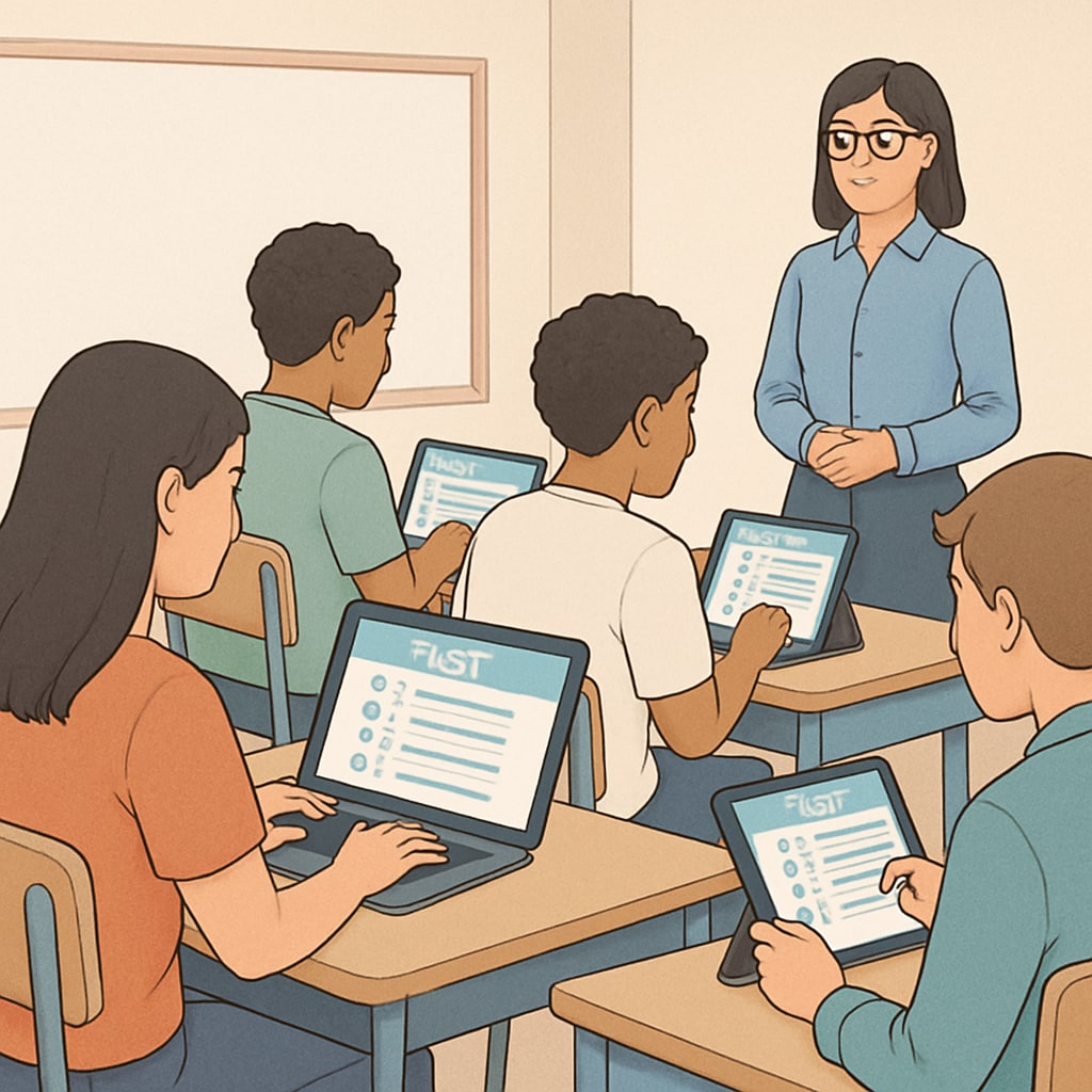 A classroom setting with students taking an online test, highlighting the use of digital assessment tools. This image emphasizes the importance of accessible and effective test resources in education. Students taking a digital test using online tools in a classroom environment.