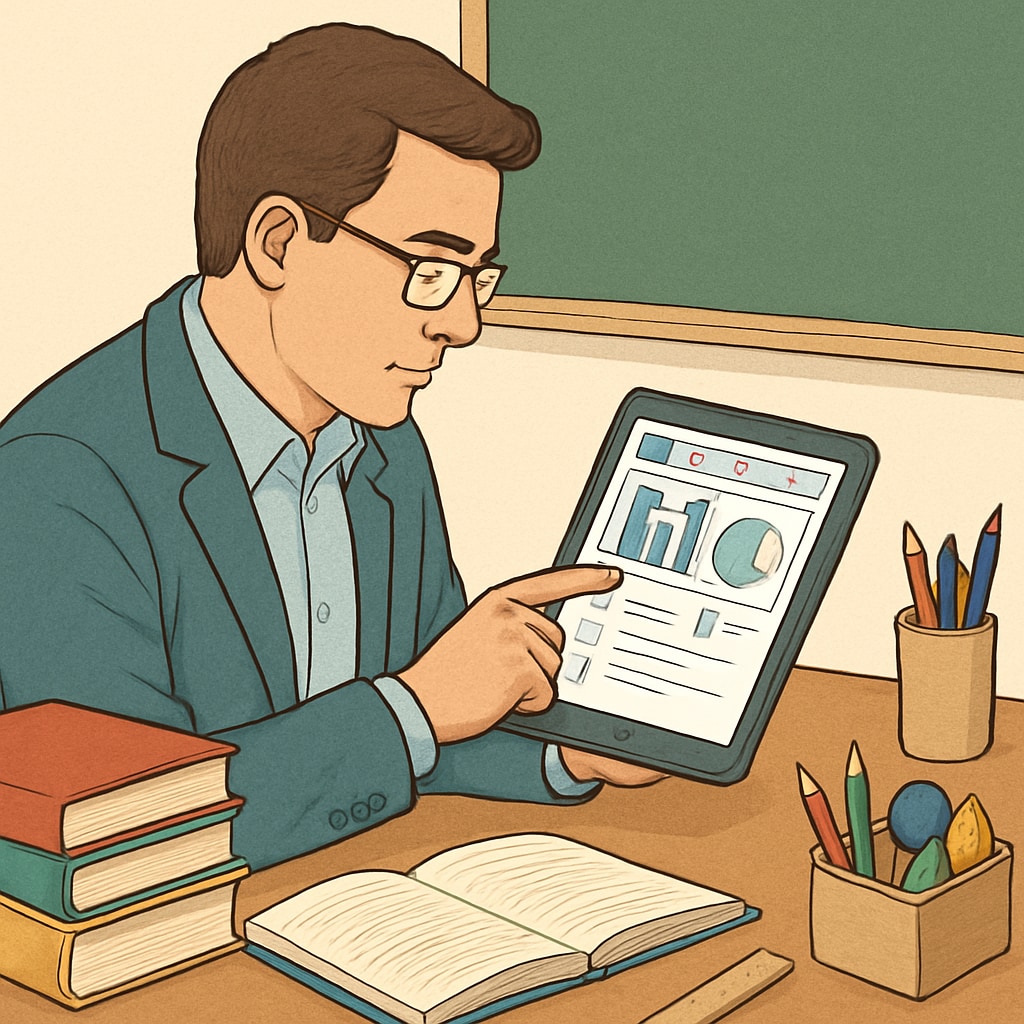 An educator reviewing the app interface on a tablet, with classroom materials in the background. Educator testing a children's reading app on Android.