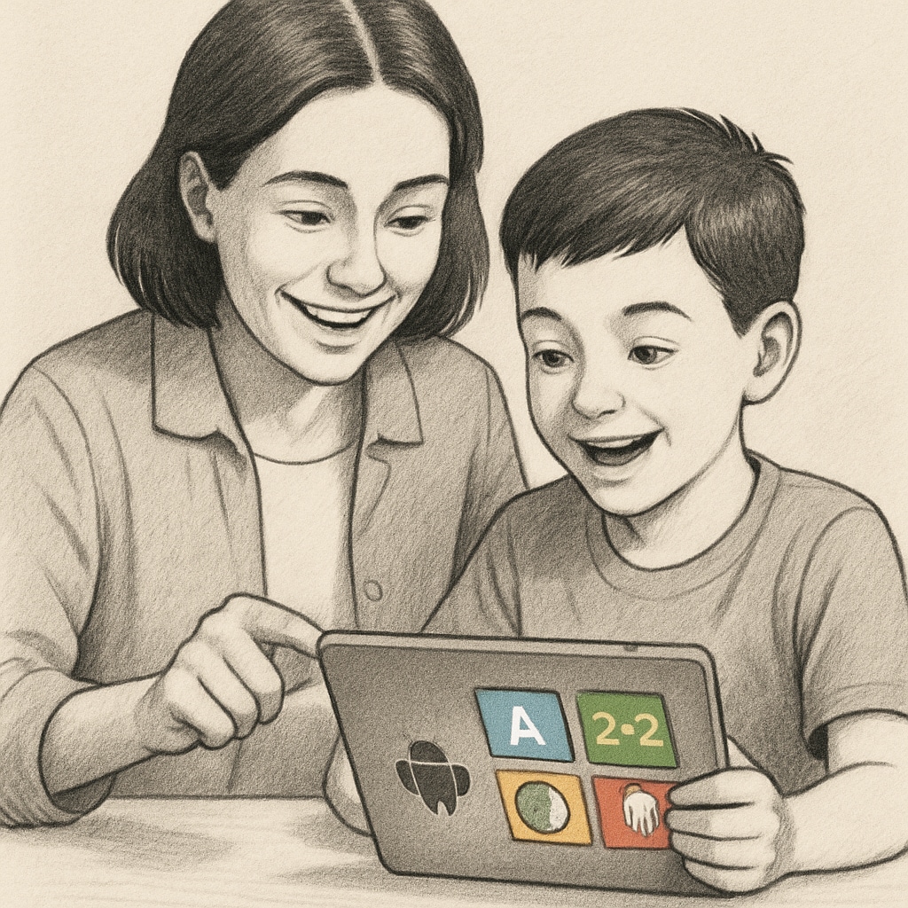 A parent and child exploring an educational app on an Android device, smiling as they interact. Parent and child engaging with a children’s reading app on an Android device.