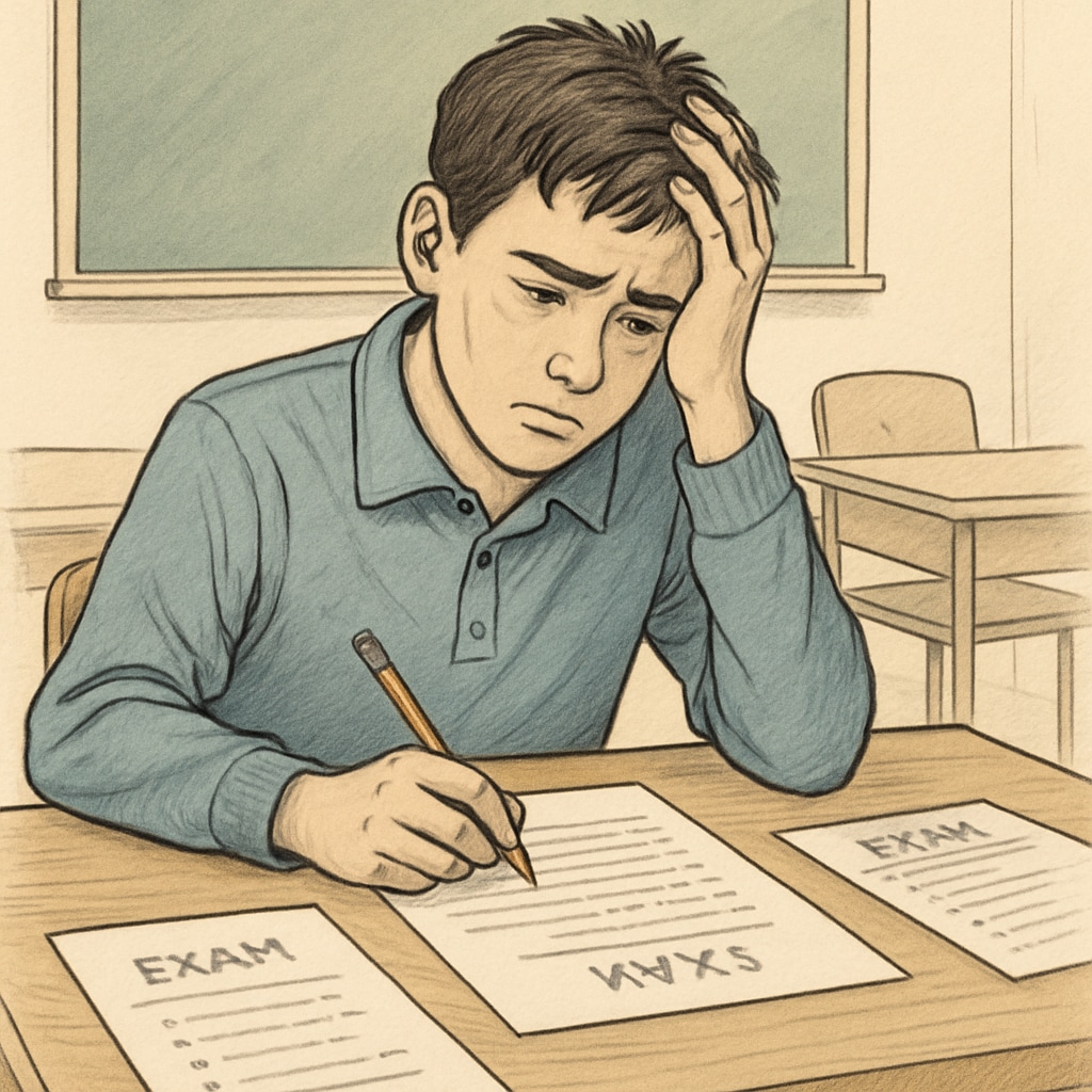 A high school student sitting at a desk with exam papers, looking stressed. A stressed high school student facing math anxiety and exam pressure.