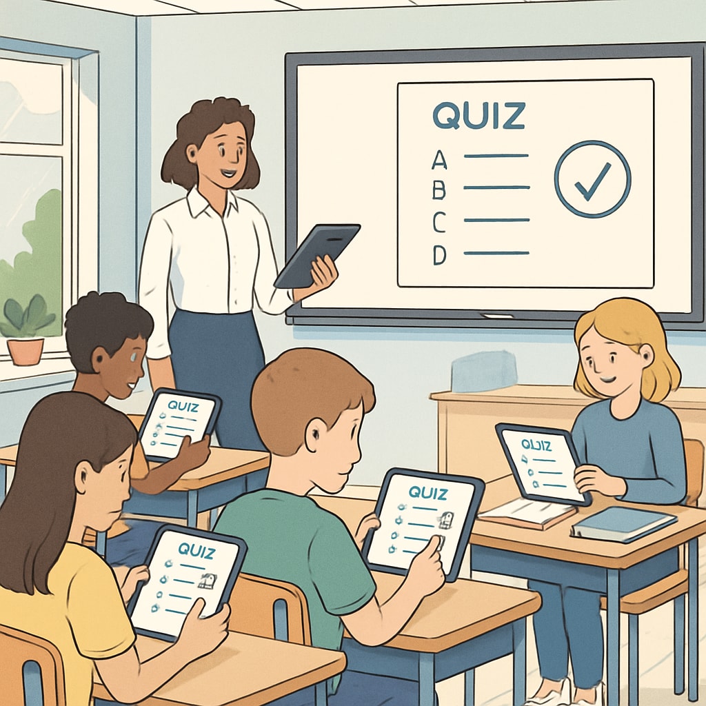 Students using tablets to complete a classroom quiz, showcasing mobile-friendly assessment tools. This visual underscores the role of technology in modern student assessments. Group of students completing quizzes on tablets, illustrating mobile assessment tools.
