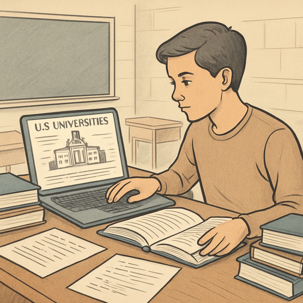 A student researching U.S. universities online, surrounded by academic resources. A student exploring options for U.S. master's programs.
