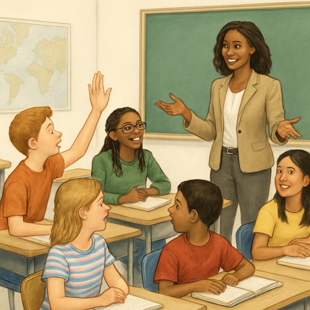 A classroom with diverse students and a teacher engaging them in a discussion, representing U.S. educational diversity. Classroom diversity in the U.S. education system