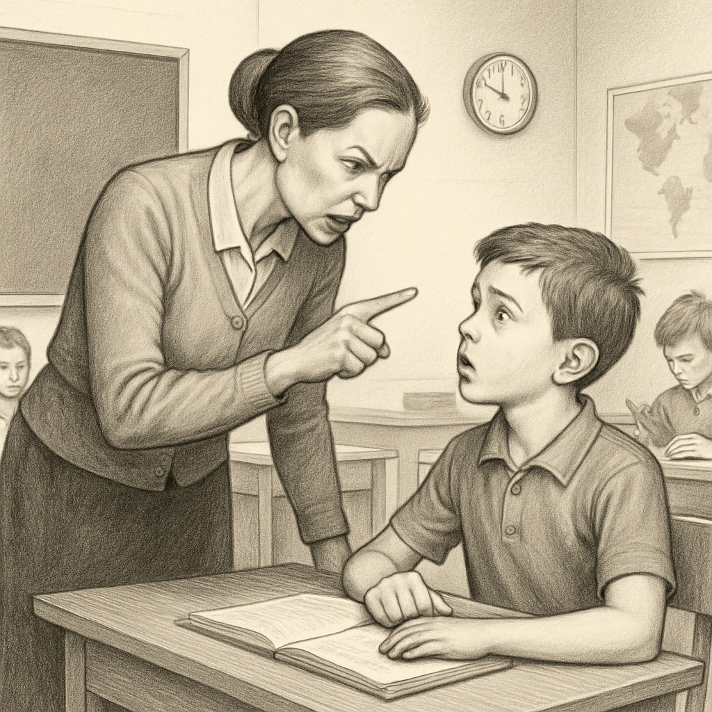 A teacher aggressively instructing a student, illustrating strict educational methods. A teacher shouting at a student during a music lesson, representing strict education and its potential psychological impact.