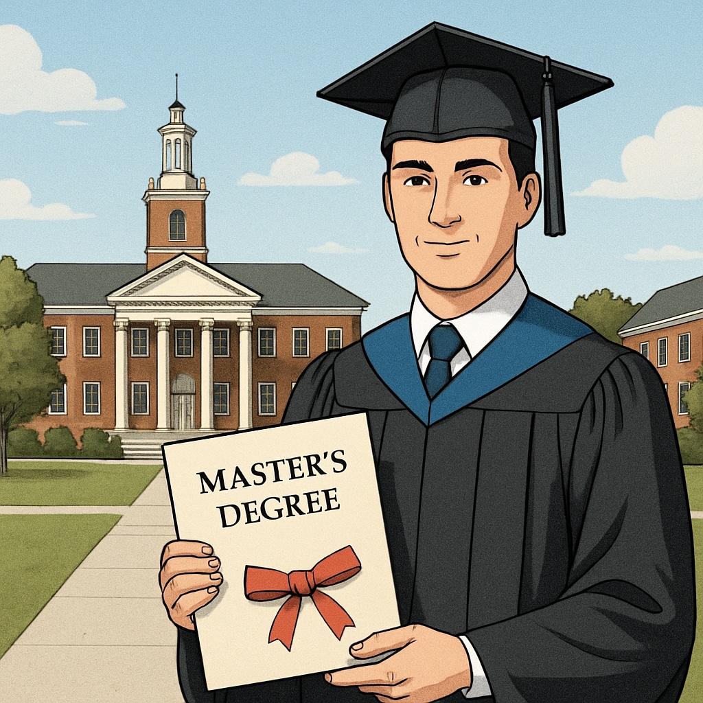 A graduate holding a diploma in front of a U.S. university campus, symbolizing the achievement of completing a master’s degree. Graduate with a diploma on a U.S. university campus