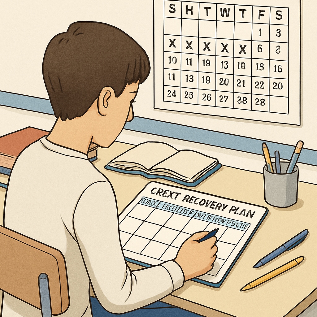 A high school student using a planner to organize their credit recovery plan. High school student planning credit recovery to address deficiencies.