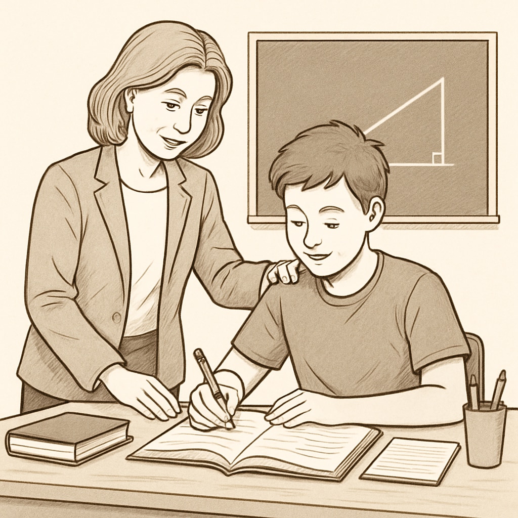 A teacher encouraging a student during practice, representing empathy in education. A teacher smiling and giving constructive feedback to a student, symbolizing a balance between strictness and compassion.