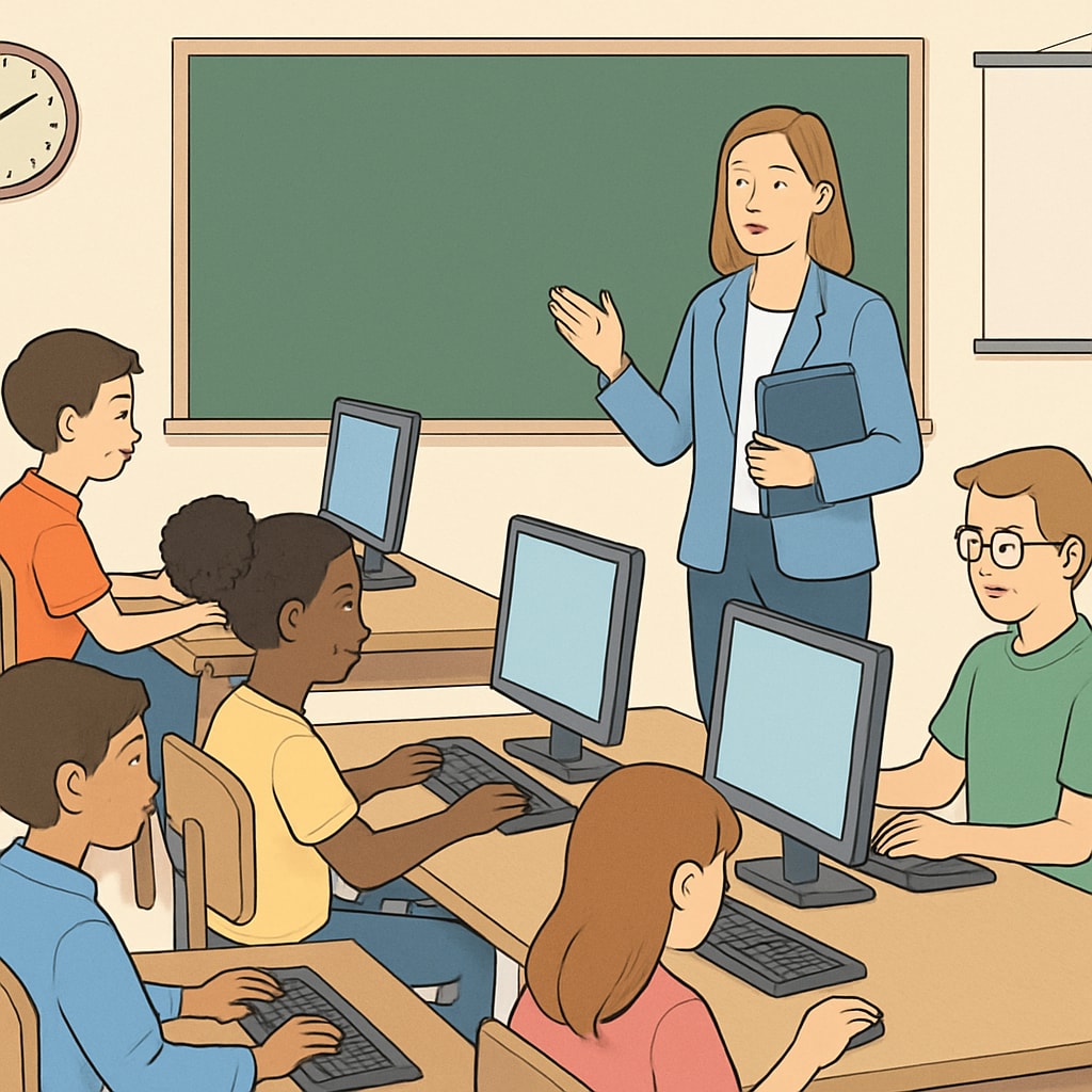 A classroom setting where students are using computers, illustrating technology in education. Students using computers in a classroom setting, highlighting digital education and age verification impacts.
