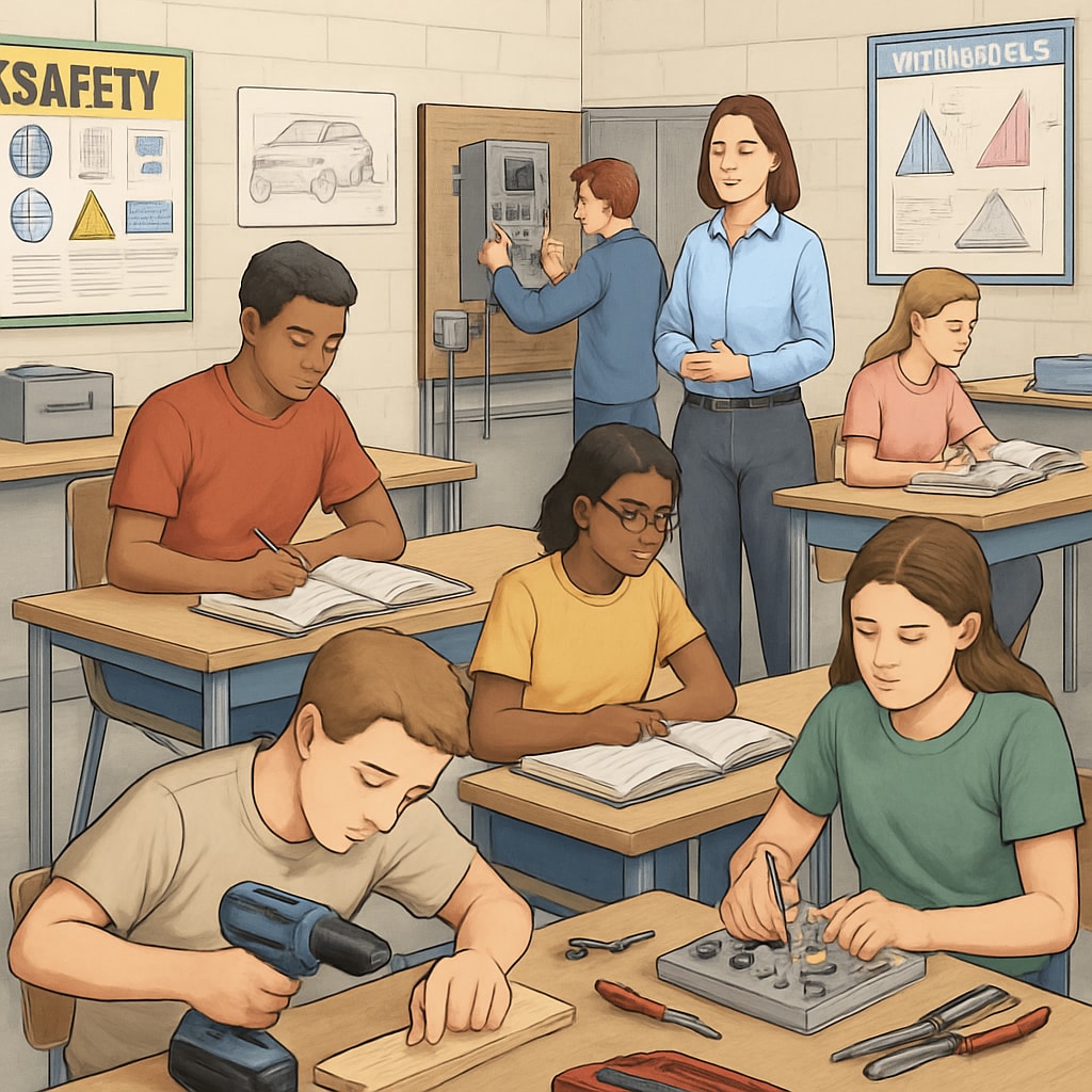 A high school classroom where students are engaged in both hands-on technical training and academic learning. The visual emphasizes the integration of vocational and academic education. Students learning in a classroom that blends CTE and traditional academics.