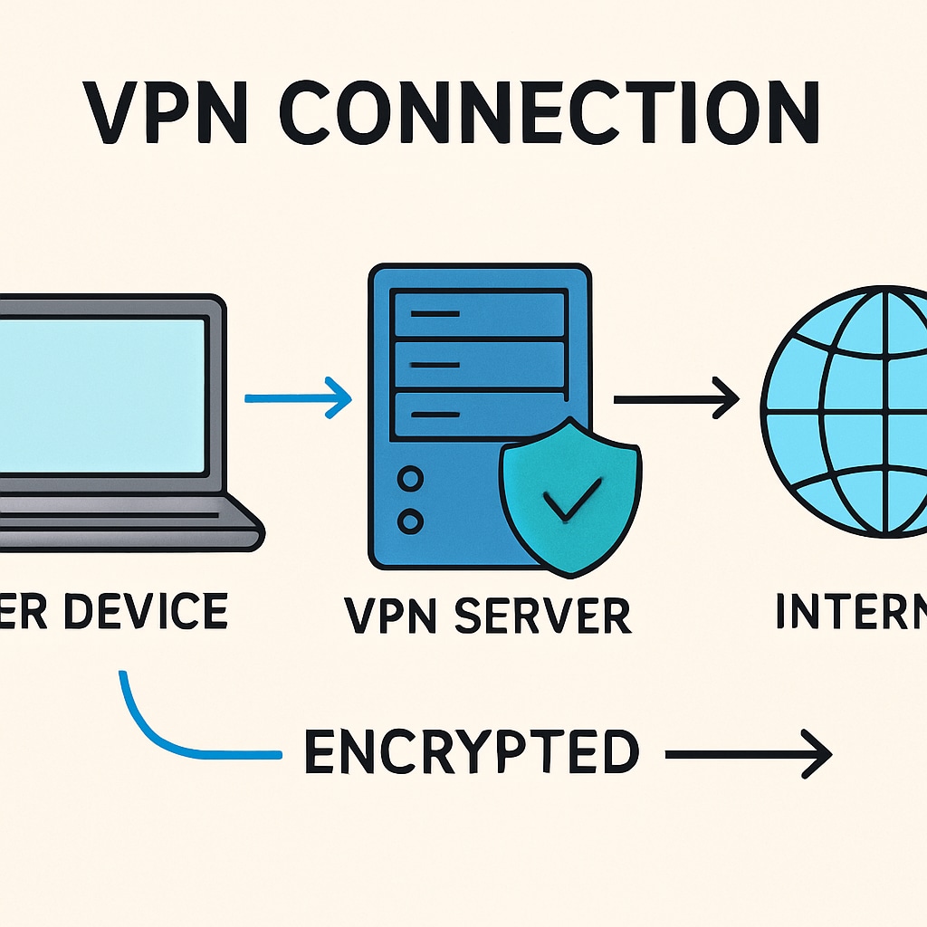 A visual representation of a VPN connection, showing encrypted data flow between a user and the internet. A graphic depicting VPN technology, emphasizing its role in bypassing online restrictions like age verification laws.