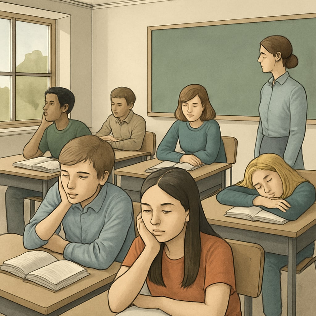 A classroom setting where students appear disengaged, with some looking out the window and others staring at their desks. Classroom showing disengaged students highlighting